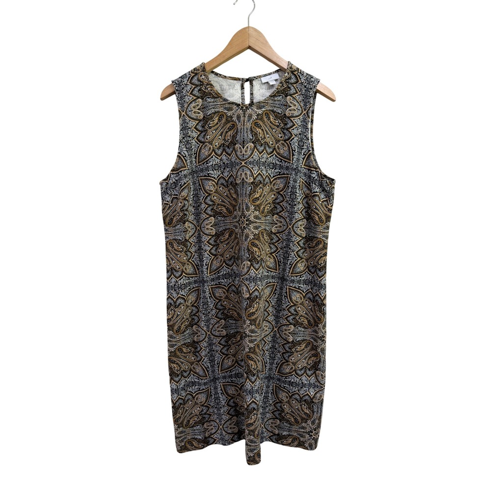 J. Jill Paisley Medallion Sleeveless Knit Shift Dress Black Gold White Large